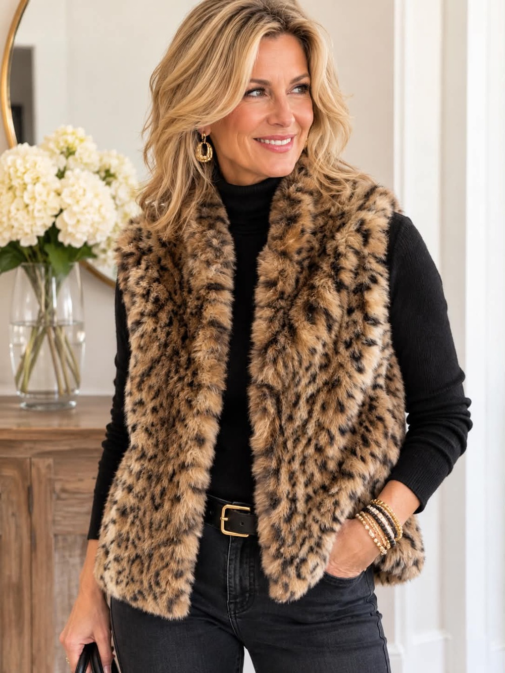 Chicos Faux Fur Leopard Print Vest Womens Size 3 XL Toggle Front Lined Pockets
